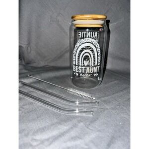 Best Aunt Ever‎ Glass Tumbler w Bamboo Lid Straws Gift for Aunt Iced Coffee Cup